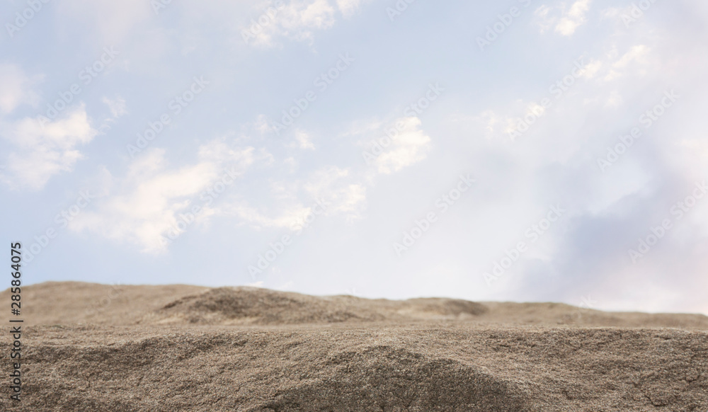 Stone front blurred board empty table sky clouds on background, for product display, Blank for mockup design..