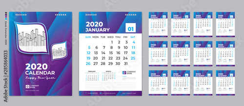 Desk Calendar 2020 template, Cover design. Week Starts on Sunday, Set of 12 Months, planner template. Blue and purple gradient background, Vertical page, vector Eps10.