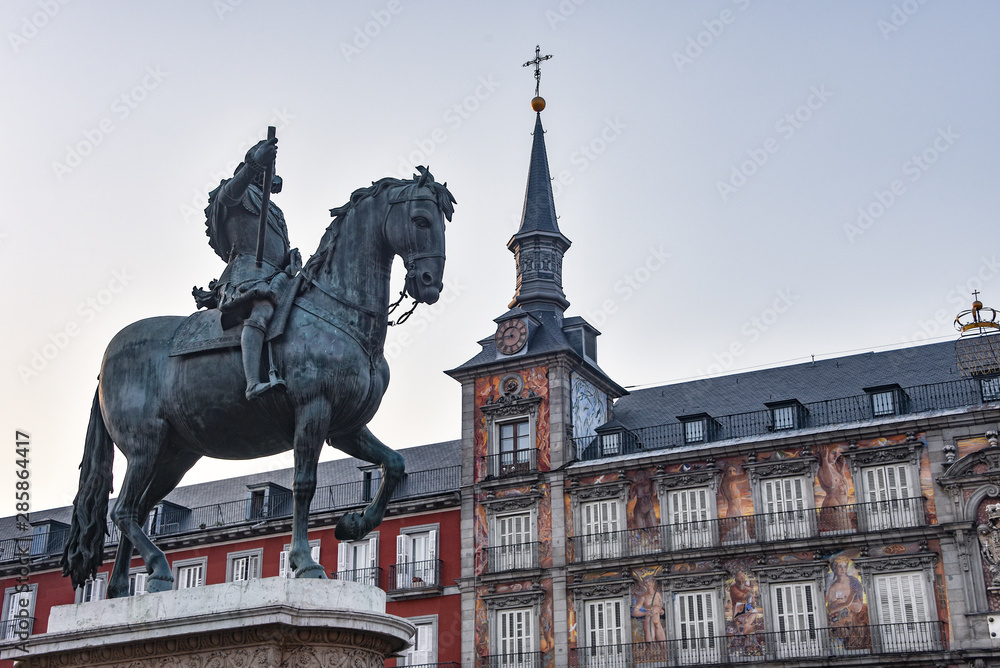 Madrid, Spain - 20 July, 2019: Towers of the Casa de la Panaderia in Plaza Mayor Madrid, Spain - 20 July, 2019: Towers of the Casa de la Panaderia in Plaza Mayor