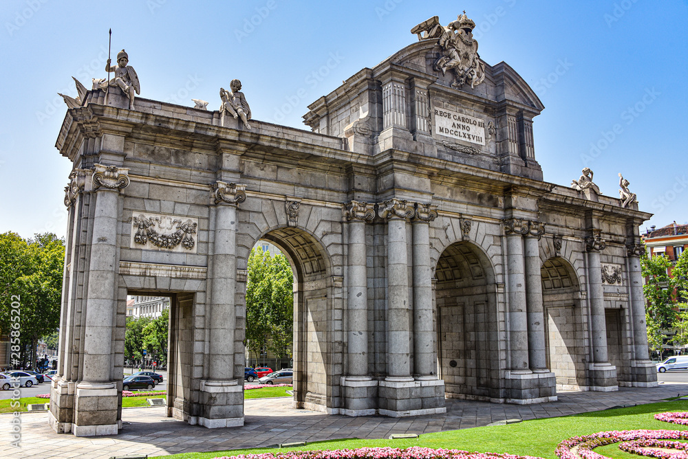 Madrid, Spain - July 22, 2019: Puerta de Alcala arch in Plaza de la Independencia