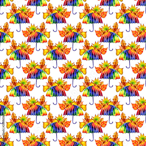 Watercolor seamless pattern with rainbow umbrellas. Digital clipart for printing