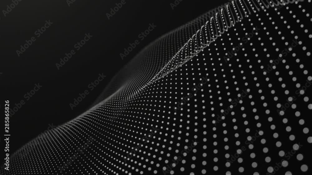 Futuristic grid wave of white halftone digital dots data smooth seamless animation on dark with dim light background. Flow particles landscape. For cyber technology, sound visualization, big data