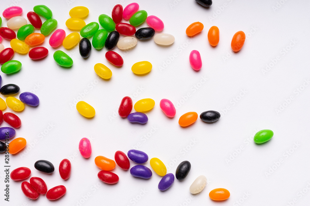 colorful jelly beans candies white background Top view colorful jelly beans candies white background Top view