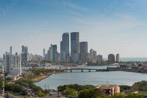 View of modern buildings in front of the bay of Cartagena de Indias. Colombia © EGT