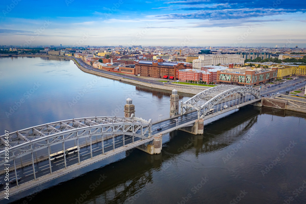 Russia. Saint-Petersburg. Bolsheokhtinsky bridge. Bridges Of St. Petersburg. Rivers Of St. Petersburg. River bridge. Neva embankment. View of the city from the top.