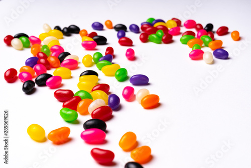 colorful jelly beans candies white background Top view