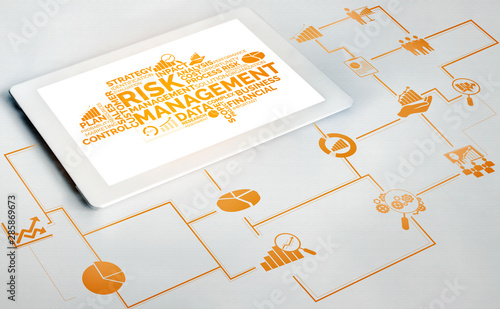 Risk Management and Assessment for Business Investment Concept. Modern graphic interface showing symbols of strategy in risky plan analysis to control unpredictable loss and build financial safety. photo