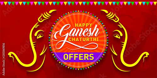 Happy Ganesh Chaturthi Offers. Indian Festival of lord Ganapati Sale, Discount Banner, Logo design, Sticker, Concept, Greeting Card Template, Icon, Poster, Unit, Label, Web Mnemonic on dark Background