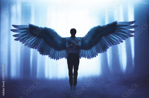 Fototapete An angel in mystic forest,3d illustration