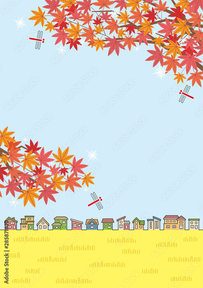 赤とんぼともみじのある秋の田舎の風景のイラスト 家の並びと空と田園 縦長の書式で横書き用 Stock ベクター Adobe Stock