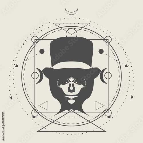 Mystical geometry symbol with woman wearing top hat and spectacles. Linear alchemy, occult, philosophical sign. Sacramental design. Astrology and religion concept.