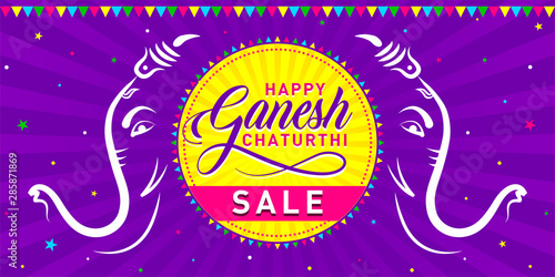 Happy Ganesh Chaturthi Sale. Indian Festival of lord Ganapati Offers, Discount Banner, Logo design, Sticker, Concept, Greeting Card Template, Icon, Poster, Unit, Label, Web Mnemonic on dark Background