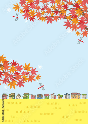 赤とんぼともみじのある秋の田舎の風景のイラスト(家の並びと空と田園)縦長の書式で横書き用