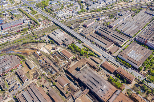 aerial view of industrial district with lots of warehouses and manufacturing buildings