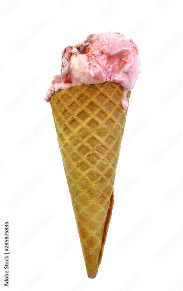 Strawberry ice cream in waffle cone isolated on white background. Strawberry ice cream in waffle cone isolated on white background.