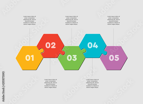 Five pieces puzzle hexagon line info graphic.
