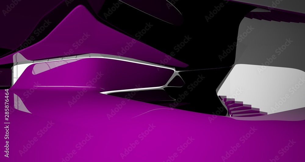 Fototapeta premium Abstract smooth architectural violet and black gloss interior of a minimalist house with large windows. 3D illustration and rendering.