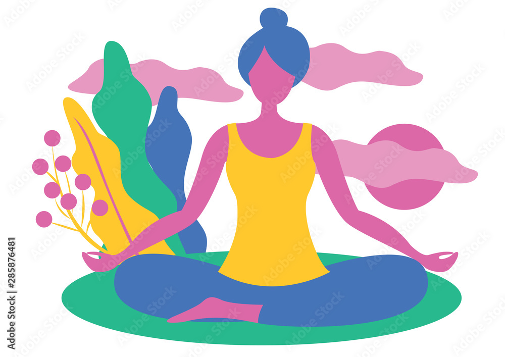 Girl is doing yoga sitting in lotus position. The girl meditates. Modern flat design concept of yoga. Bright vector illustration isolated on white background. Girl is doing yoga sitting in lotus position. The girl meditates. Modern flat design concept of yoga. Bright vector illustration isolated on white background.