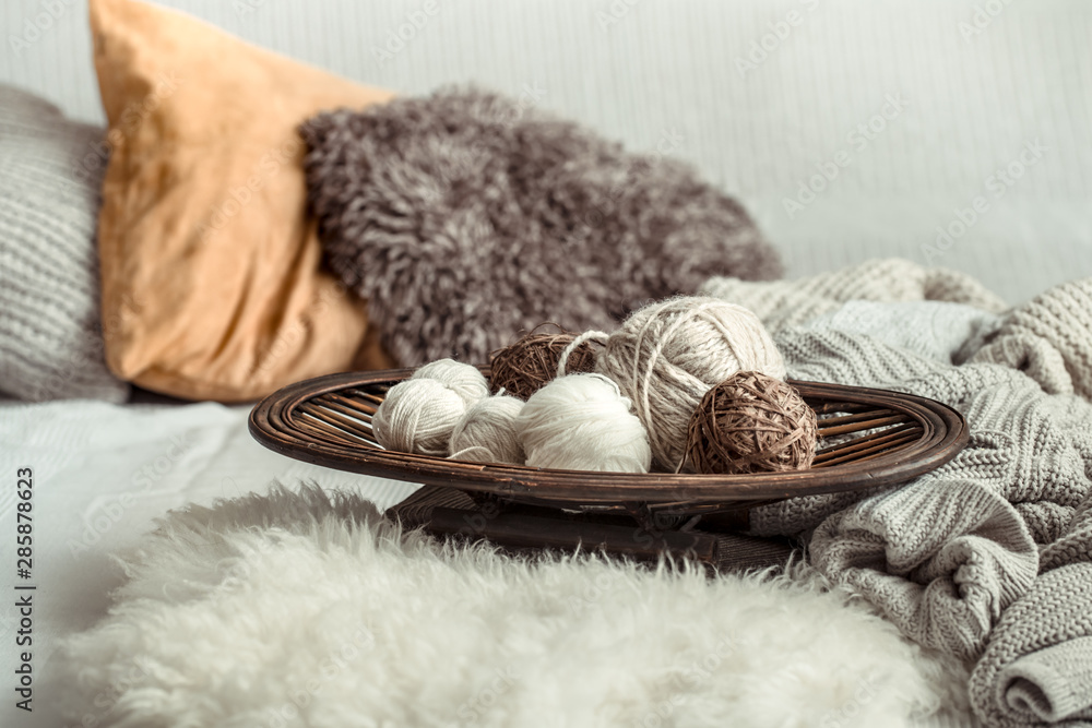 Still life with a cozy variety of yarn for knitting. Still life with a cozy variety of yarn for knitting.