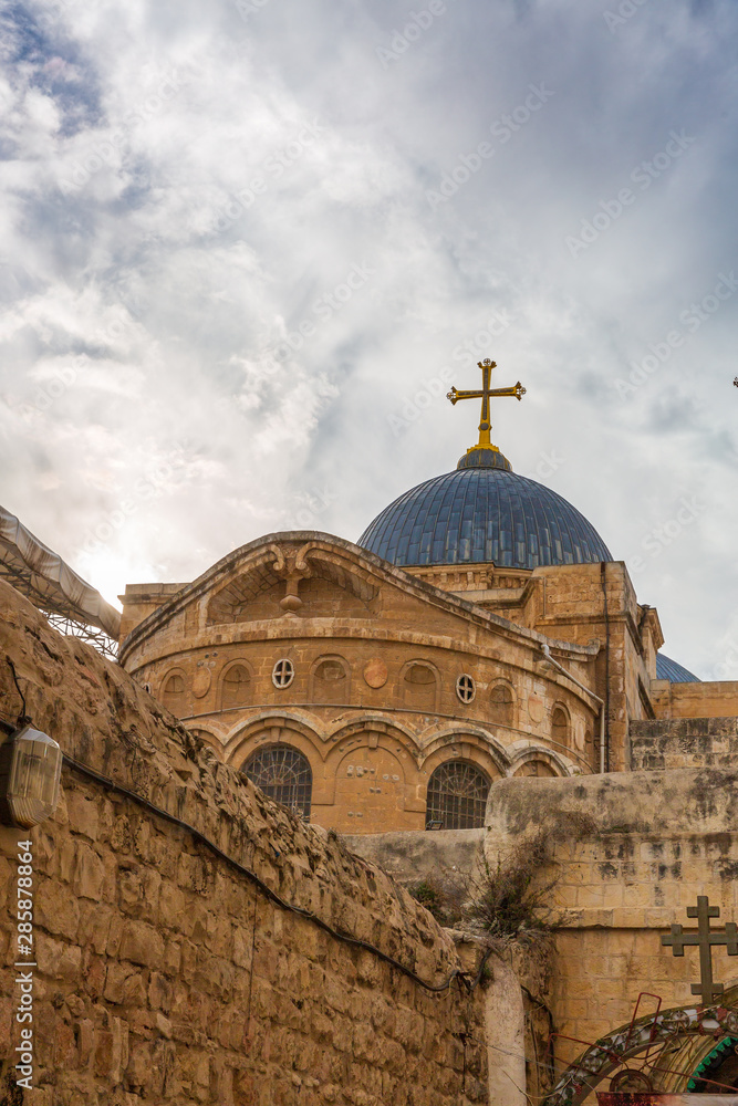 View from Via Dolorosa to dome on Church of the Holy Sepulchre in Jerusalem