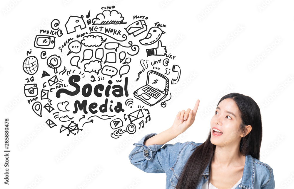 Asian young woman looking up of Hand drawn illustration of social media sign and symbol doodles icon. white background with a social media sketch.