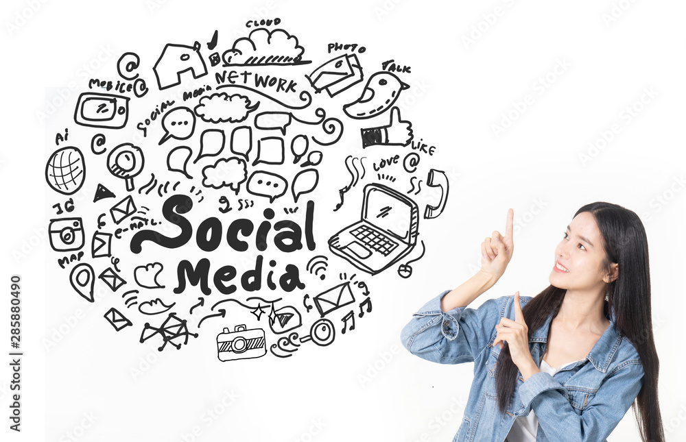 Asian young woman looking up of Hand drawn illustration of social media sign and symbol doodles icon. white background with a social media sketch. Asian young woman looking up of Hand drawn illustration of social media sign and symbol doodles icon. white background with a social media sketch.