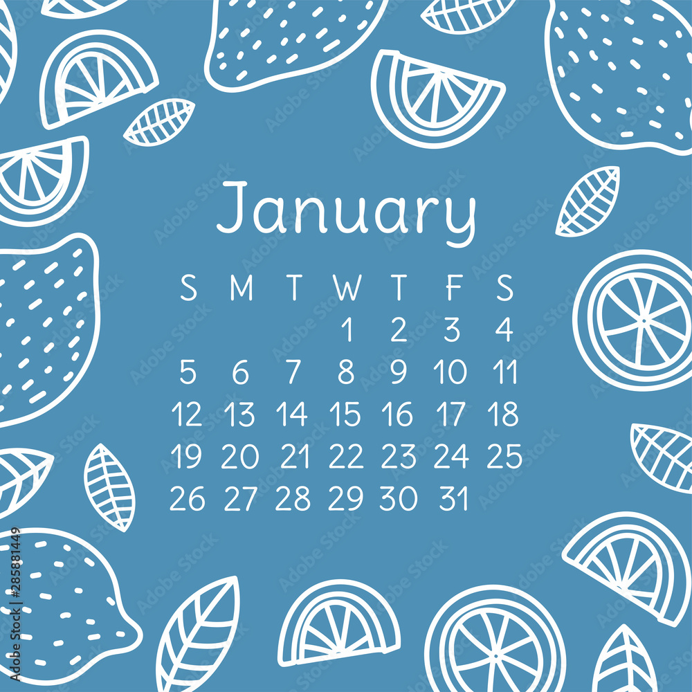 January calendar 2020. Vector English wall calender template. Lemon and mandarin slices. Citrus fruit. Hand drawn design. Doodle sketch. Sunday January calendar 2020. Vector English wall calender template. Lemon and mandarin slices. Citrus fruit. Hand drawn design. Doodle sketch. Sunday