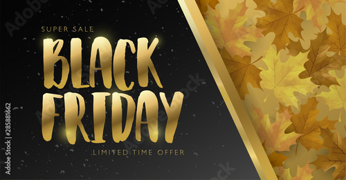 Black Friday sale banner with golden theme and maple leaves. Vector illustration template for for sale promotion, banner, poster, flyer, leaflet, web banner, social media and graphic use.
