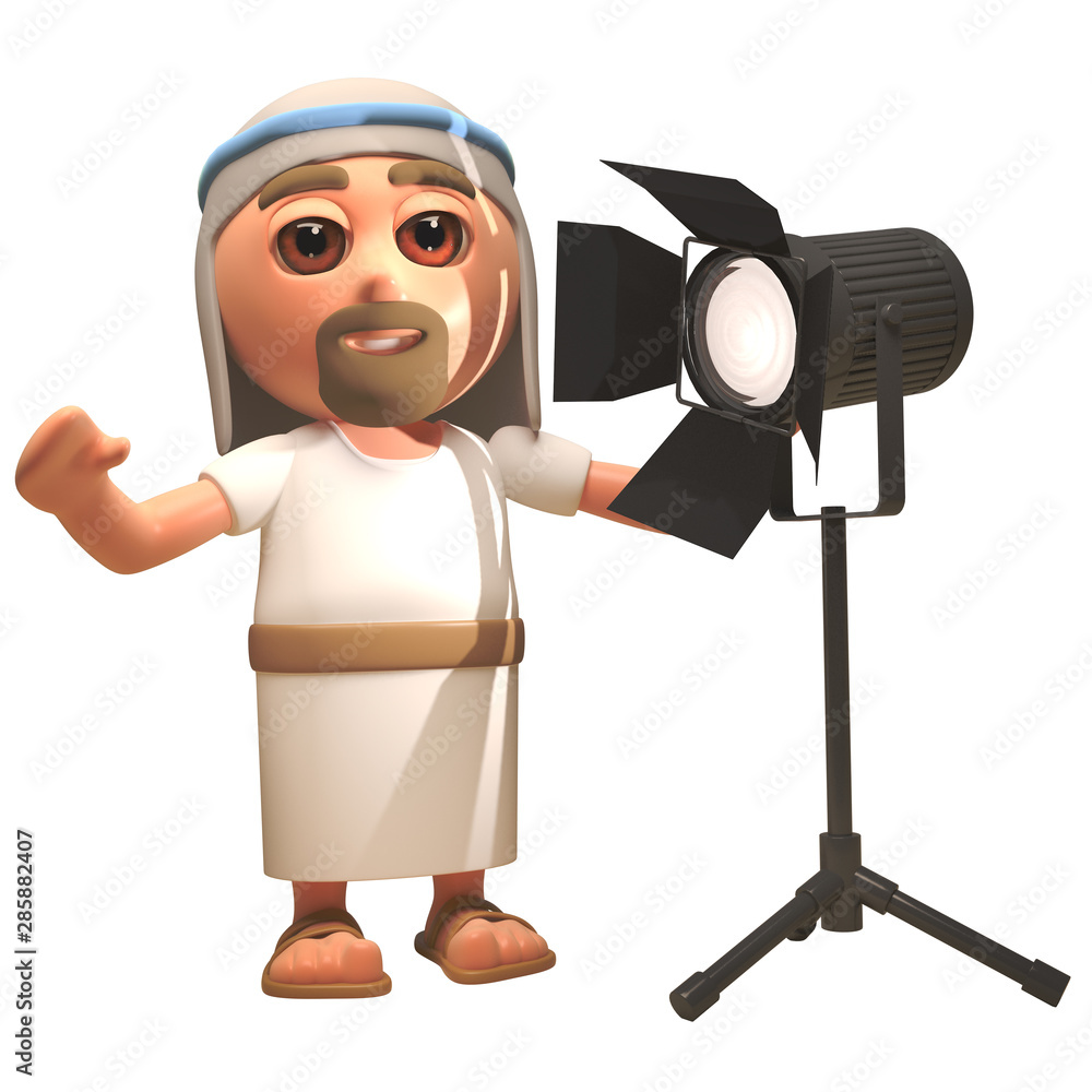 3d Jesus Christ cartoon character stands next to a studio spotlight, 3d  illustration Stock Illustration | Adobe Stock
