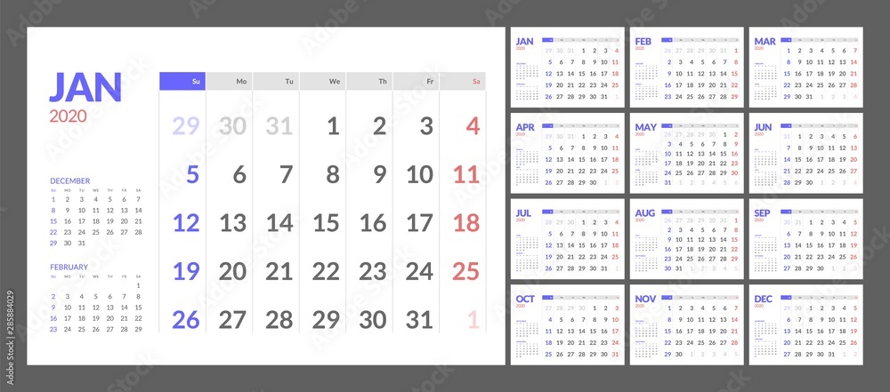 Desk calendar for 2020 year in clean minimal style. Week Starts on Sunday. Set of 12 Months. Desk calendar for 2020 year in clean minimal style. Week Starts on Sunday. Set of 12 Months.