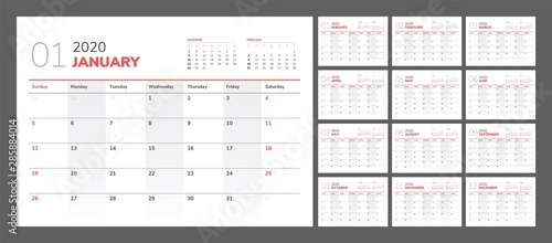 Desk calendar for 2020 year in clean minimal style. Week Starts on Sunday. Set of 12 Months.