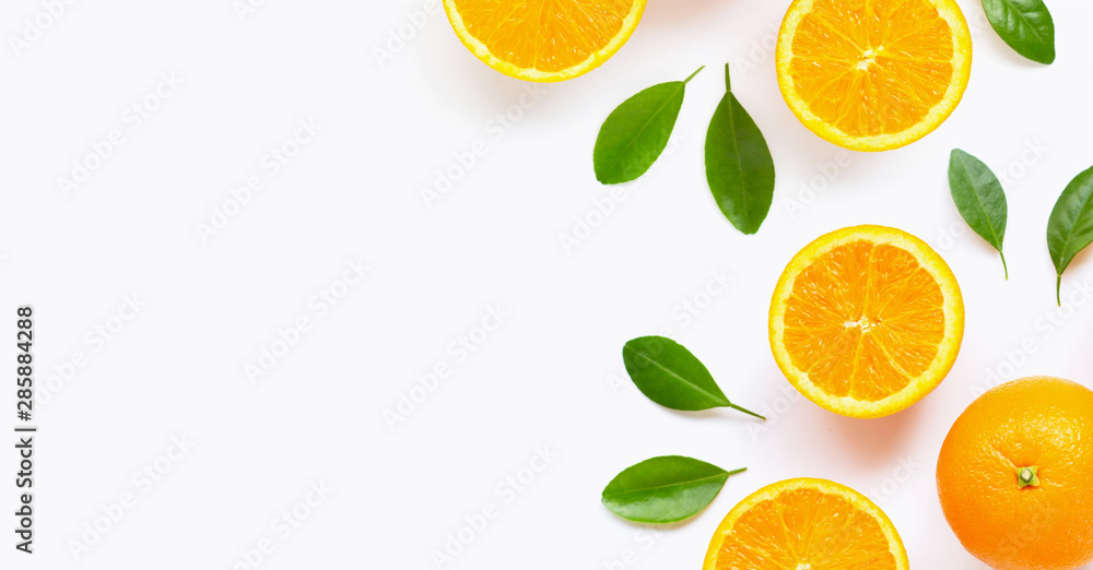 Fresh orange citrus fruit with leaves isolated on white background. - obrazy, fototapety, plakaty 