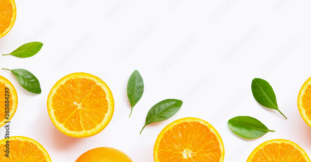 Fresh orange citrus fruit with leaves isolated on white background. Fresh orange citrus fruit with leaves isolated on white background.