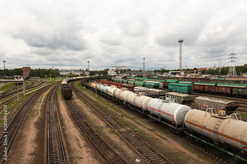 sorting railway station with freight cars