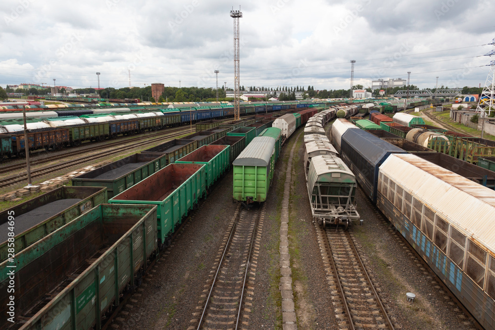 sorting railway station with freight cars