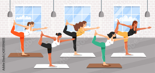 Group of young sporty women practicing yoga lesson. Girls standing in lord of the dance exercise. Natarajasana yoga pose. Fitness class. Cartoon vector illustration.