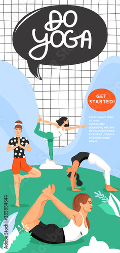 Sporty women practicing yoga in the park. Girls standing in various poses. Banner design template. Vector.