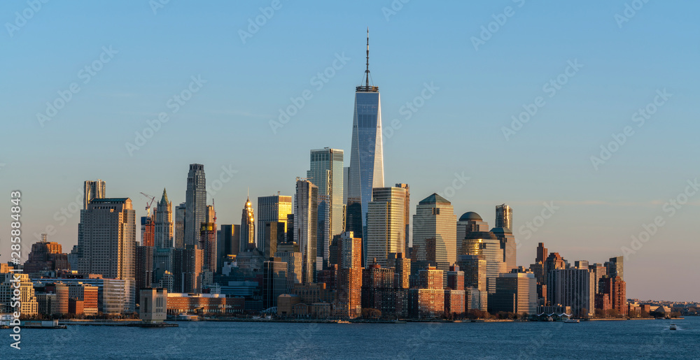 Fototapeta premium Banner of Lower Manhattan which is a apart of New york cityscape river side which can see One world trade center, USA, Taking from New Jersey