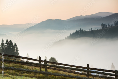 Beautiful sunrise in mountains with white fog.Travel background. Exploring beauty world. Carpathian mountains. Ukraine. Europe. Summer landscape