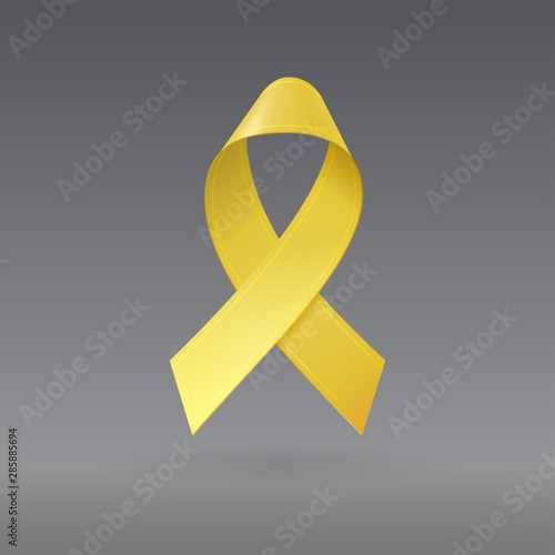 Realistic Yellow Ribbon on isolated dark gray background. Childhood Cancer Awareness symbol in September. Template for banner, poster, invitation, flyer. Vector illustration. EPS10