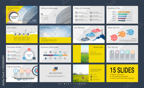 Presentation slide template for your company with infographic elements, design cover all styles and creative used to provide your audience with a quick overview of your business plan idea to investor.