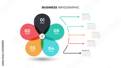 Business infographic template with flower element 5 steps, options. Can be used for presentations, element, reports. Vector illustration