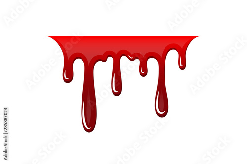 Blood drip 3D. Drop blood isloated white background. Happy Halloween decoration design. Red splatter stain, splash spot, horror blot. Bleeding bloodstain scare texture. Liquid paint Vector illustraton