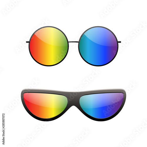 Round multicolor sunglasses 3D set. Summer sunglass shade isolated white background. Color sun glass. Realistic design eye sight protection. Fashion eyeglasses. Beach accessory. Vector illustration