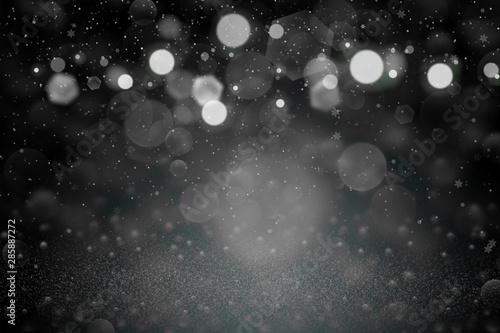 cute shining glitter lights defocused bokeh abstract background with falling snow flakes fly, festival mockup texture with blank space for your content