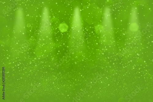 green wonderful shiny glitter lights defocused stage spotlights bokeh abstract background with sparks fly, festal mockup texture with blank space for your content