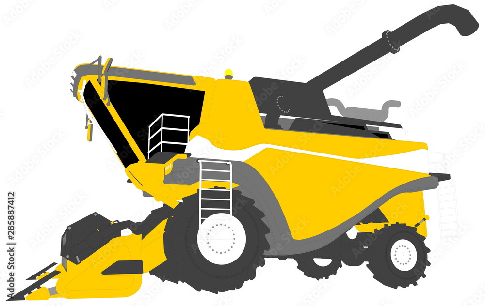 cartoon colored 3D model of yellow grain agricultural harvester with harvest pipe on white, clip art for food production - industrial 3D illustration cartoon colored 3D model of yellow grain agricultural harvester with harvest pipe on white, clip art for food production - industrial 3D illustration