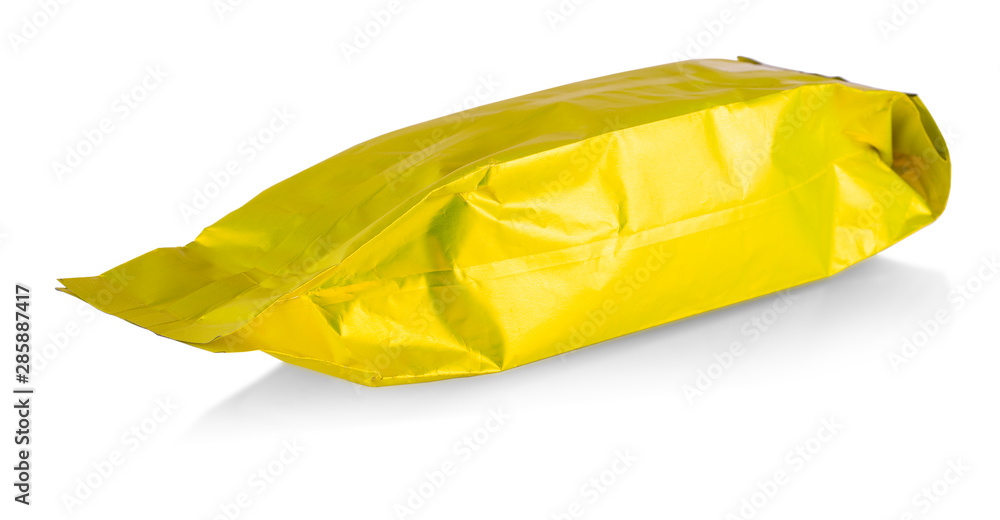 The Blank golden foil plastic pouch food packaging isolated on white background.