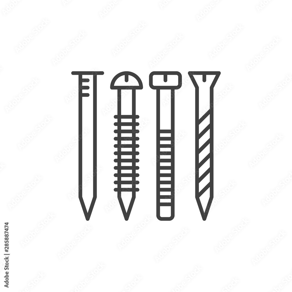 Nail and screw vector concept icon or symbol in thin line style Nail and screw vector concept icon or symbol in thin line style