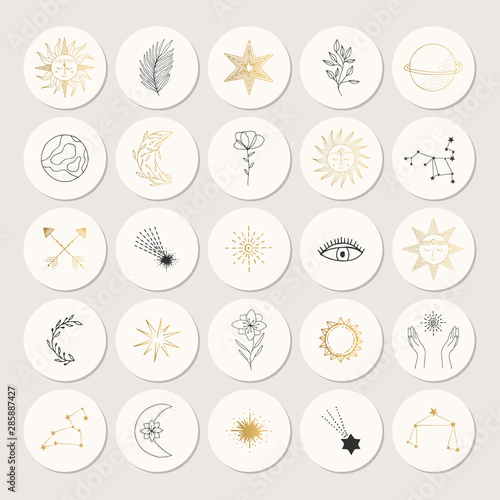 Set of hand drawn space stickers. Vector isolated illustration.